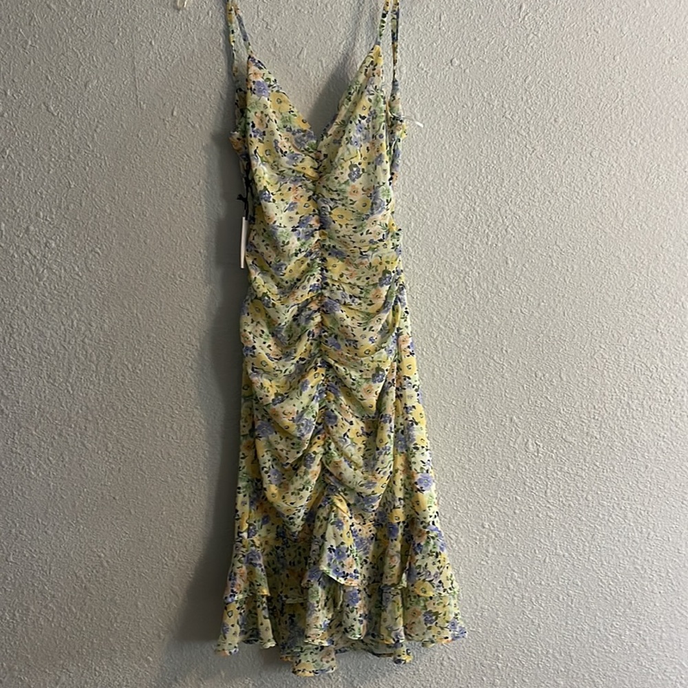 Astr Floral Ruffle Midi Dress in Yellow & Blue - Picture 4 of 5